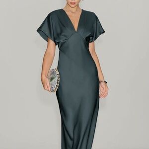 Rihoas Green Satin Cowl Sleeve Midi Dress Grey Green